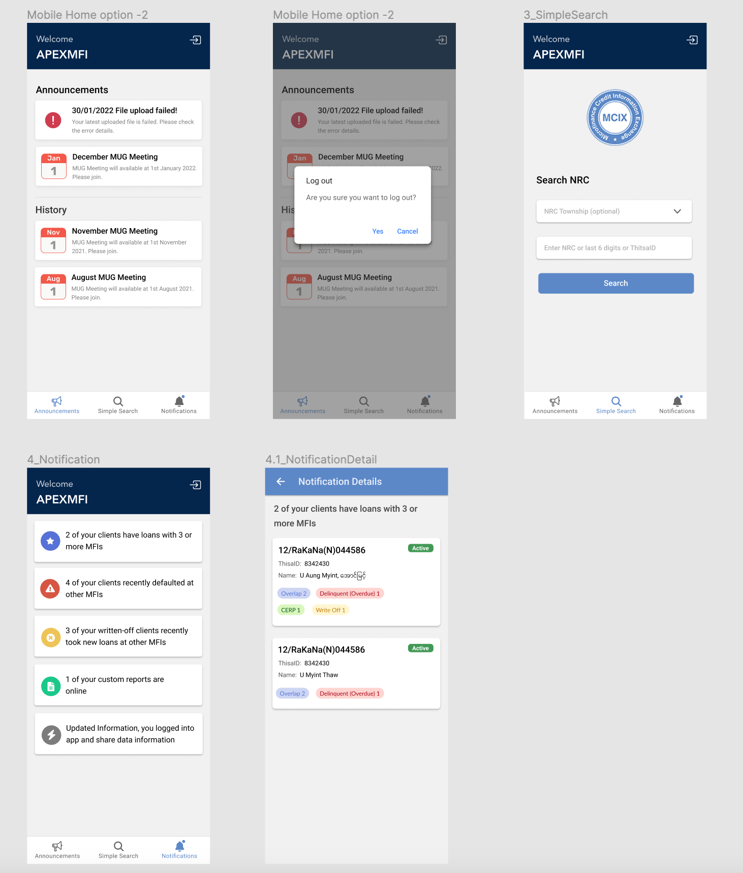 MCIX mobile app screens