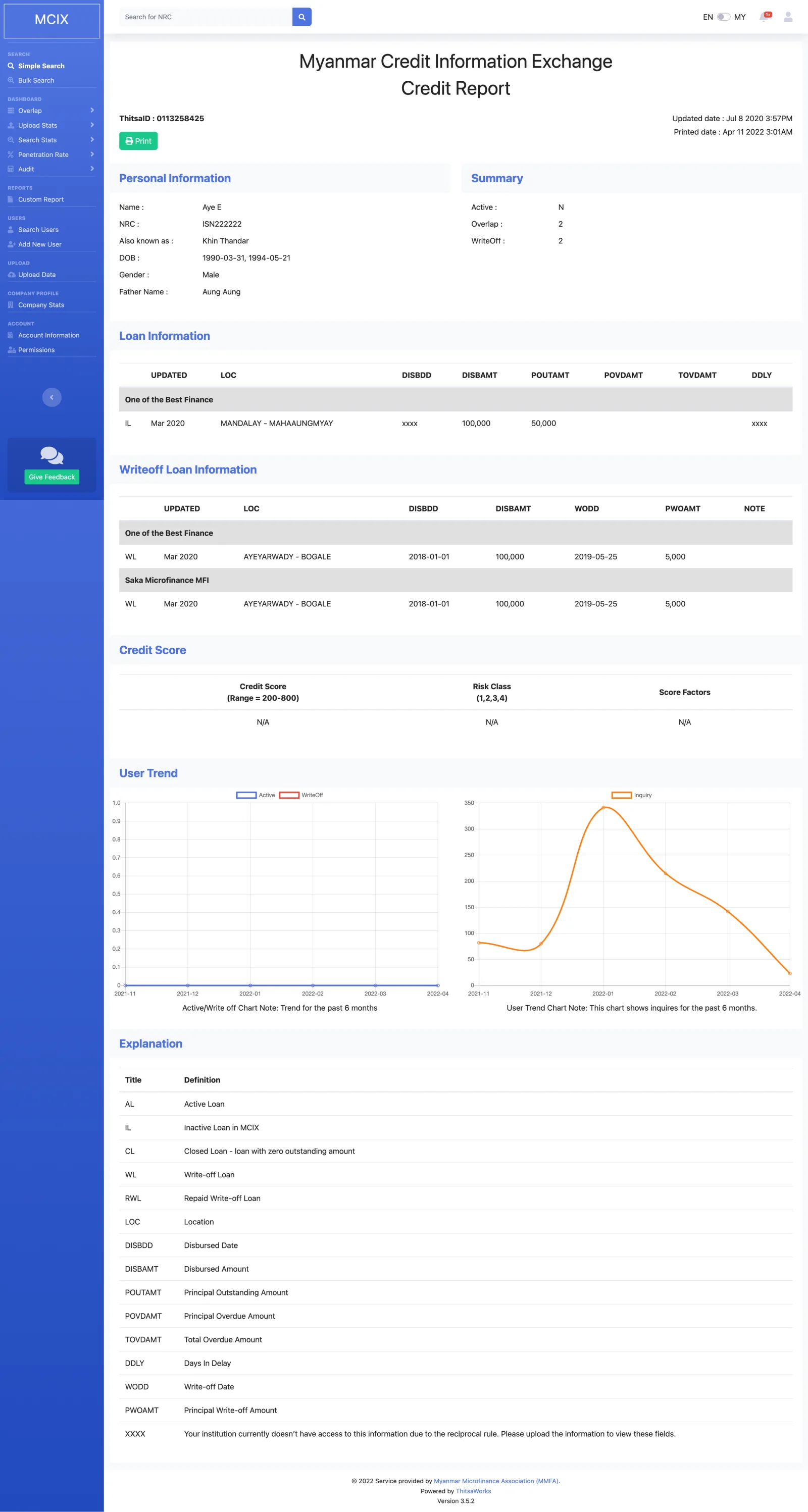 MCIX web app search results