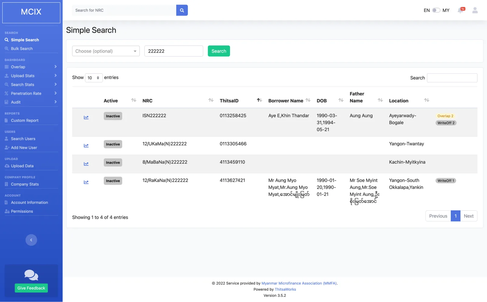MCIX web app — search